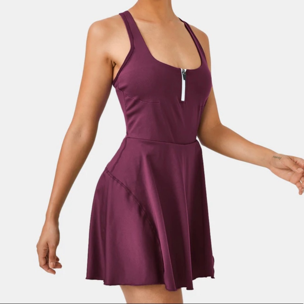 Halara- Half Zip 2-in-1 Side Pocket Racerback Tennis Dress- Plum Pink XS